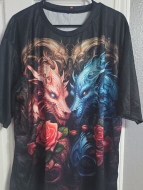 Graphic Dragon Duo Tee in Black with Red & Blue Accents
